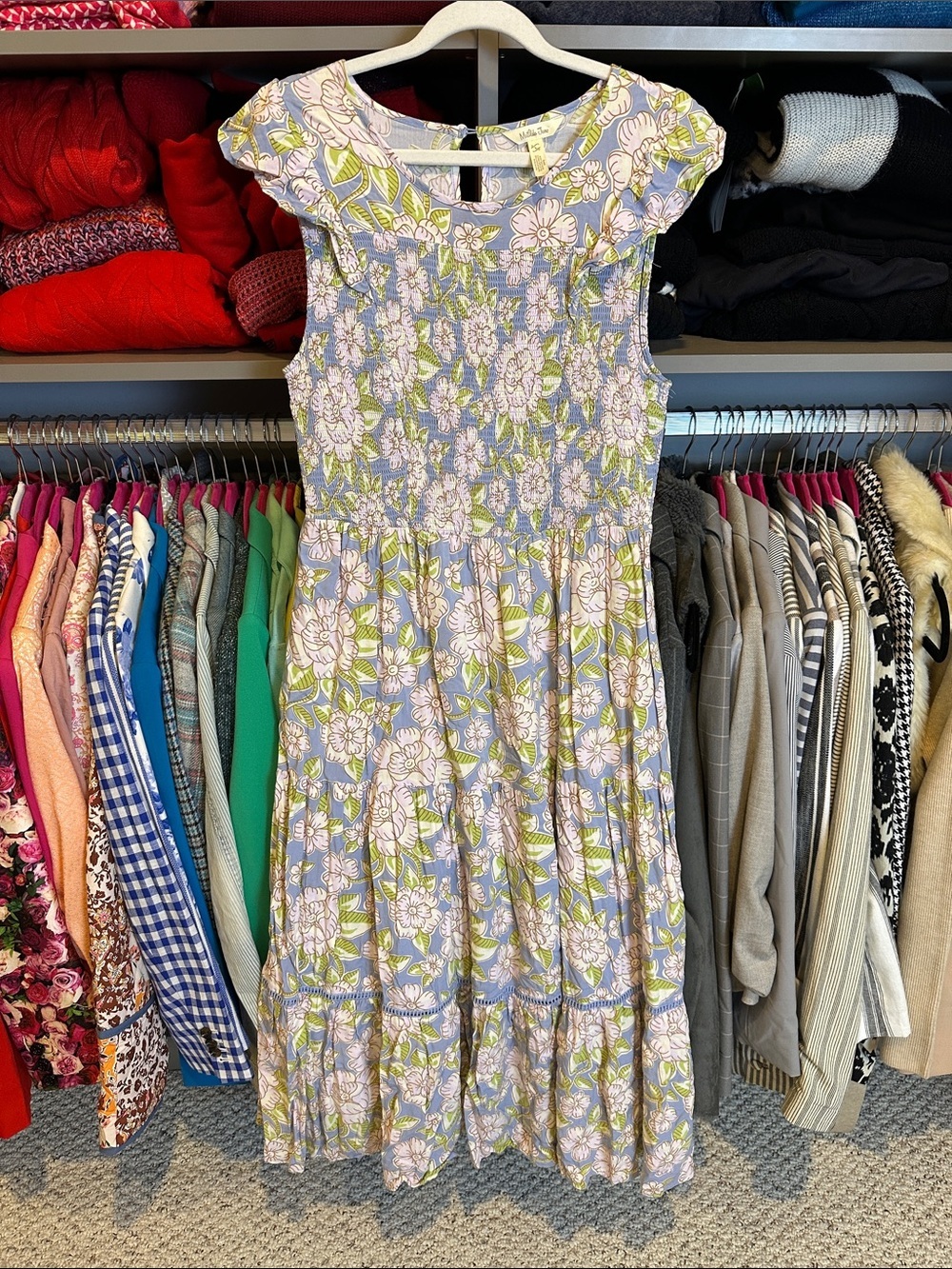 Matilda Jane blue/pink/green floral smocked sleeveless midi dress size L